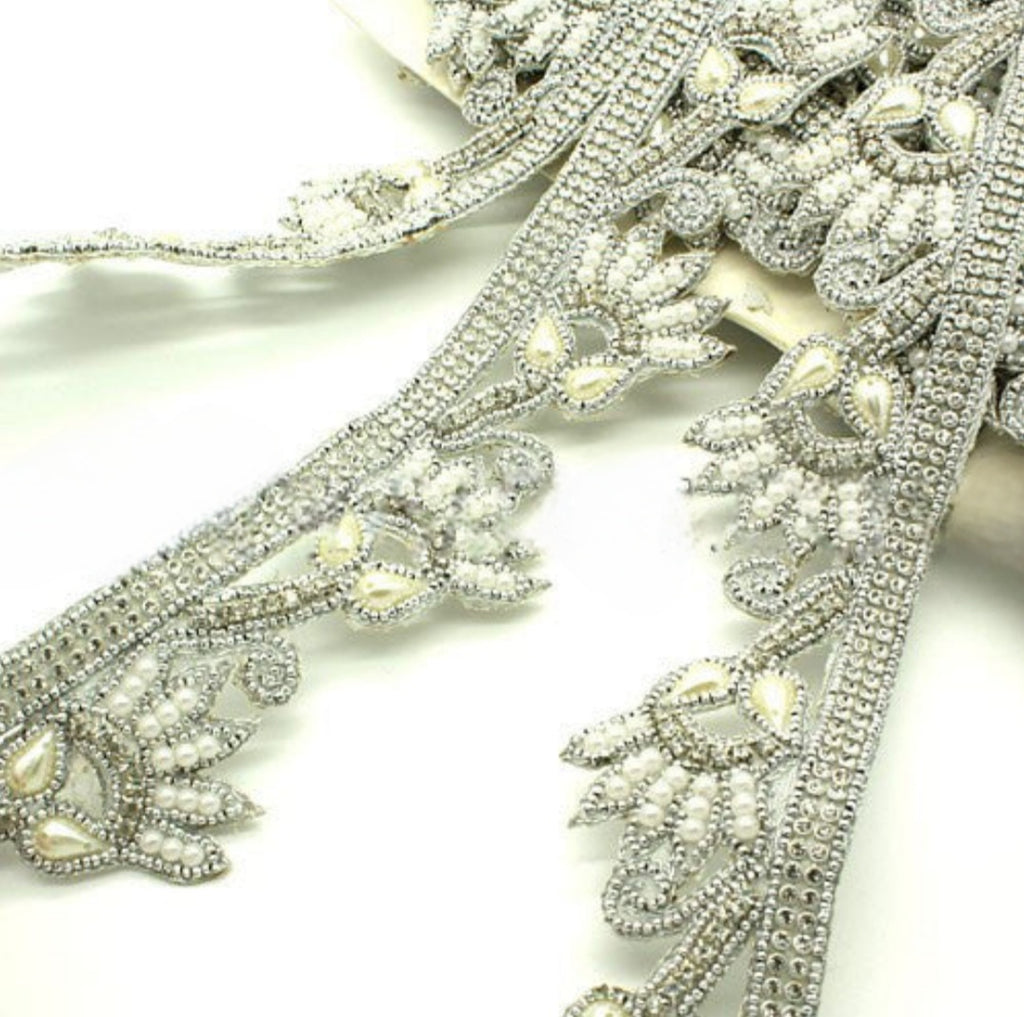 WHITE PEARL BEADED FLORAL TRIM - sarahi.NYC