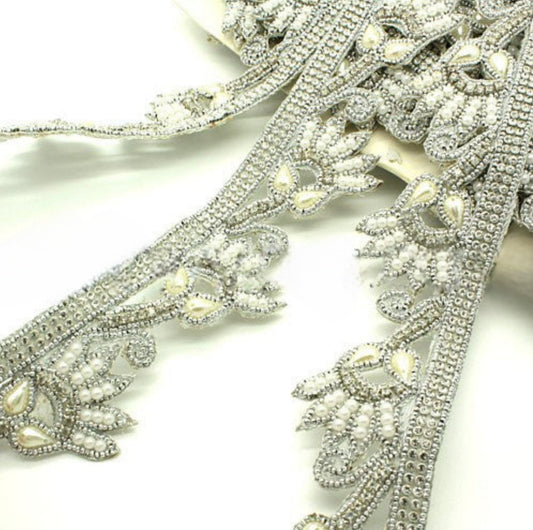 WHITE PEARL BEADED FLORAL TRIM - sarahi.NYC