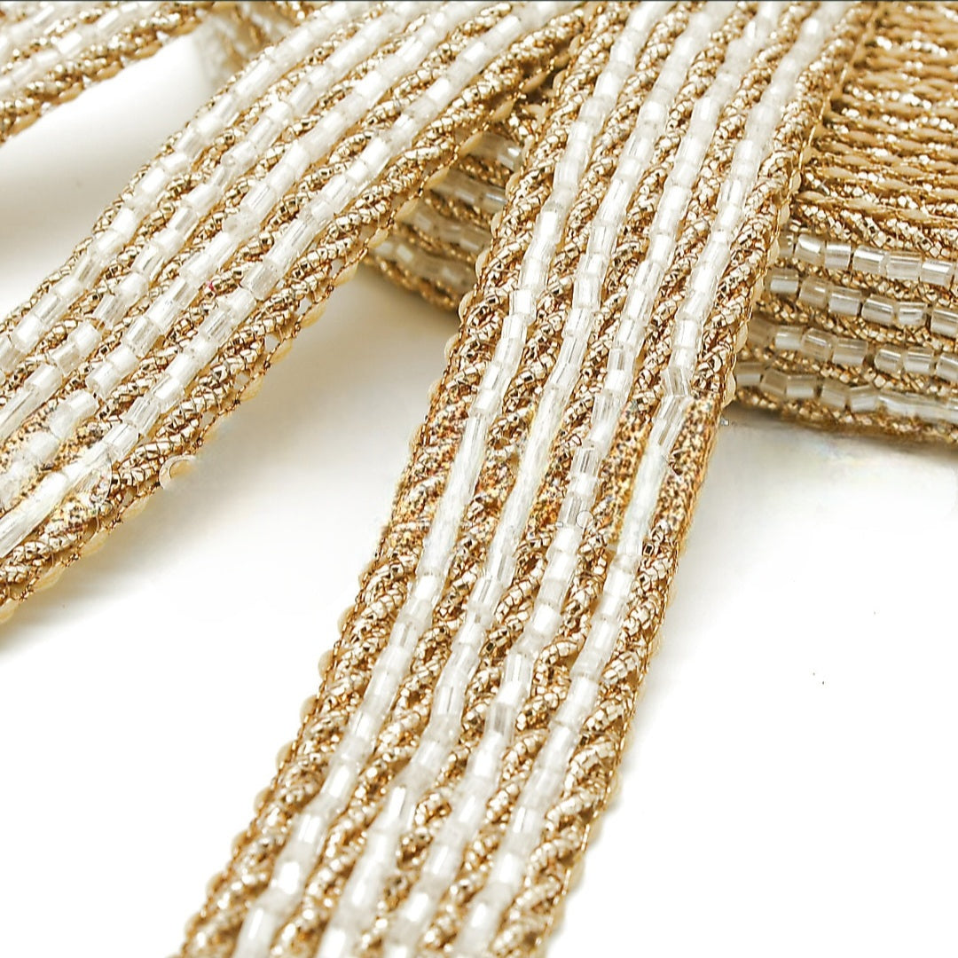 LIGHT WHITE GOLD BUGLE BEAD TRIM - sarahi.NYC