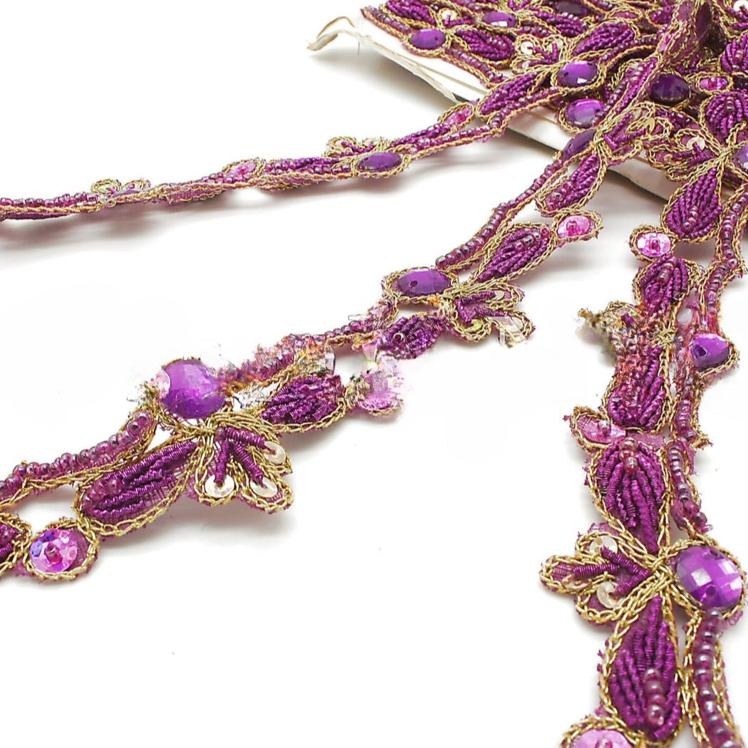 CERISE PINK GOLD FLORAL RHINESTONE BEADED TRIM - sarahi.NYC