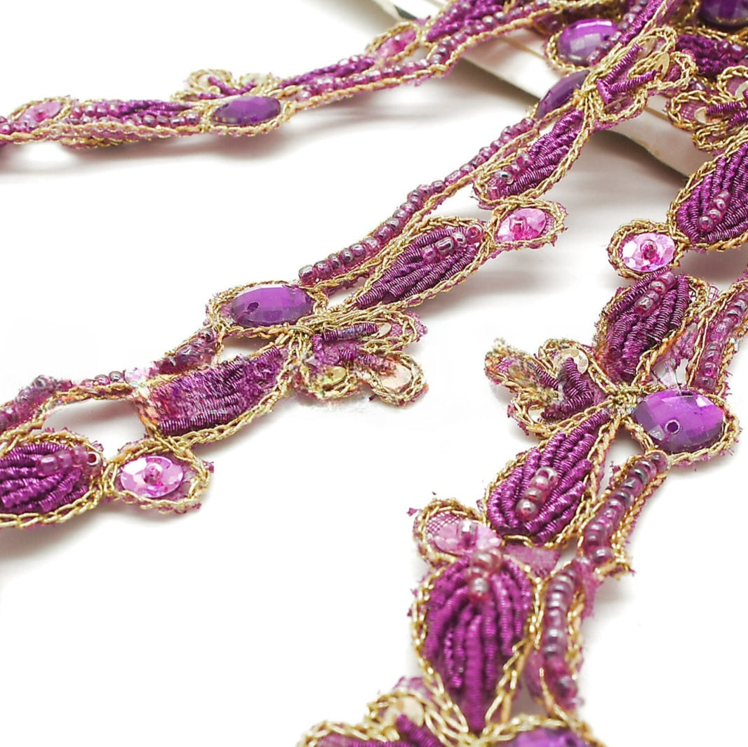 CERISE PINK GOLD FLORAL RHINESTONE BEADED TRIM - sarahi.NYC
