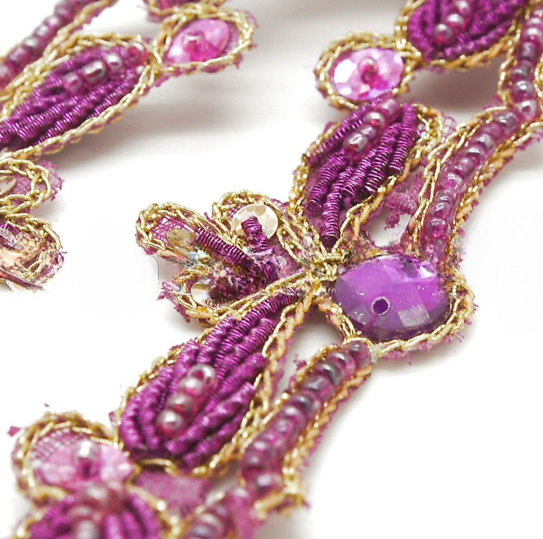 CERISE PINK GOLD FLORAL RHINESTONE BEADED TRIM - sarahi.NYC