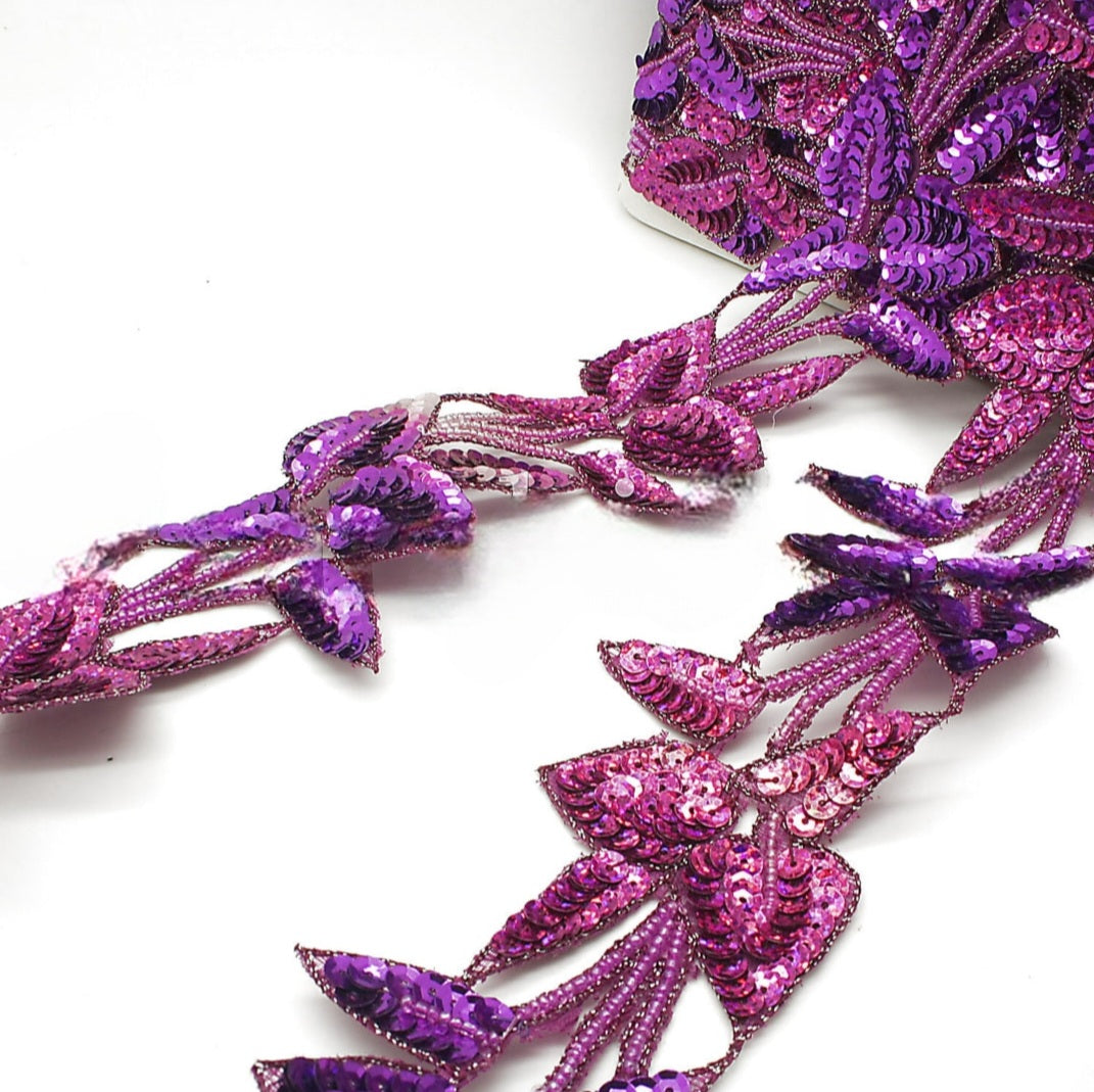 CERISE PURPLE SEQUIN LEAF WIDE TRIM - sarahi.NYC