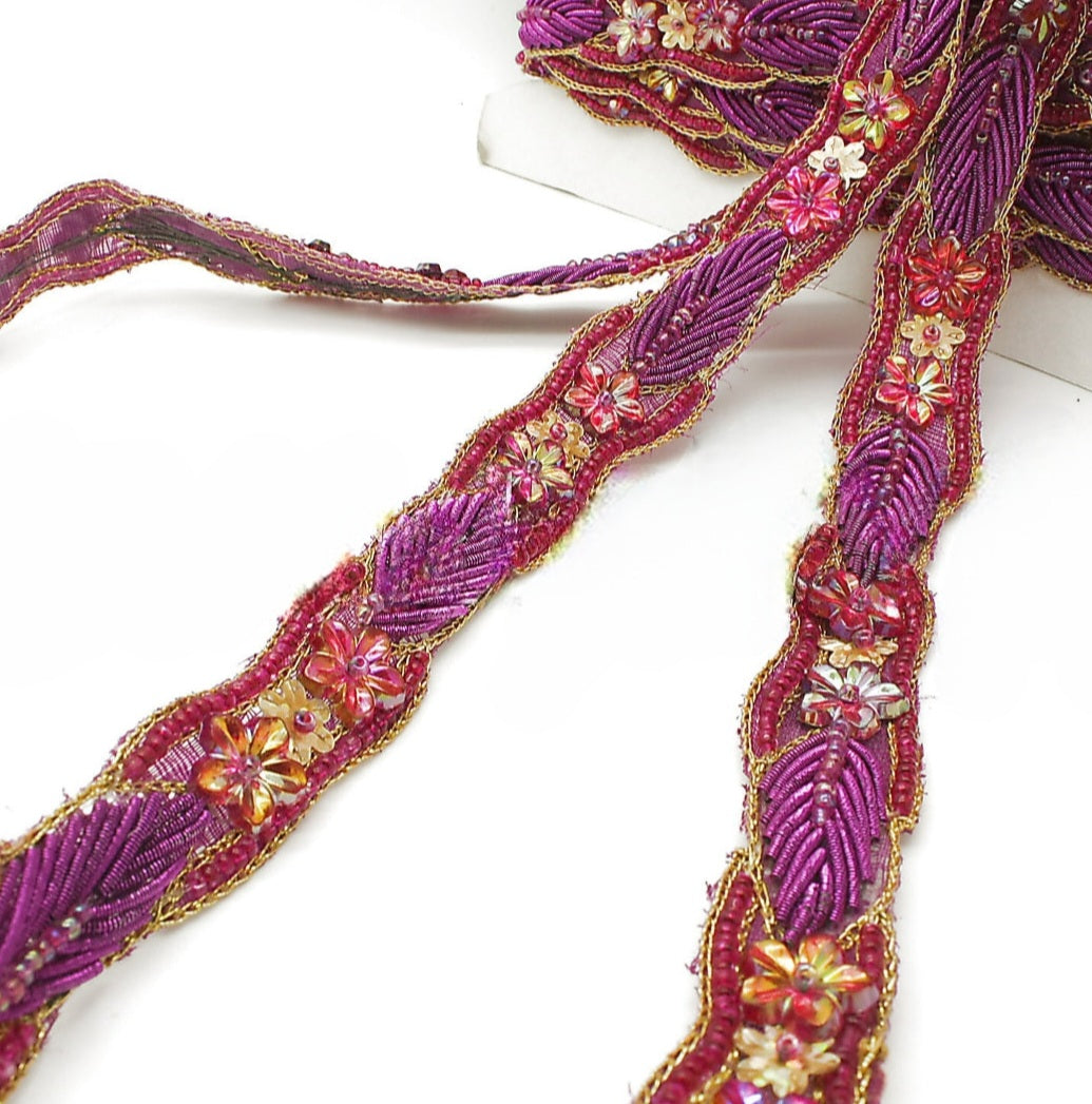PINK CERISE FLORAL GEM BEADED TRIM - sarahi.NYC