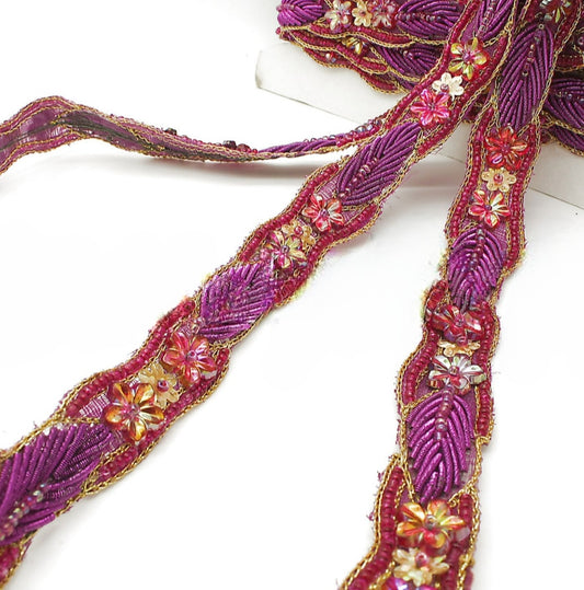 PINK CERISE FLORAL GEM BEADED TRIM - sarahi.NYC