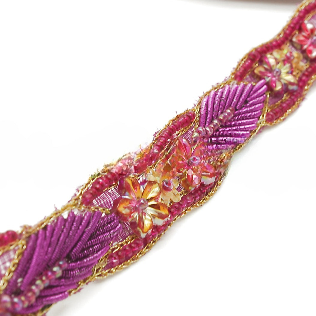 PINK CERISE FLORAL GEM BEADED TRIM - sarahi.NYC
