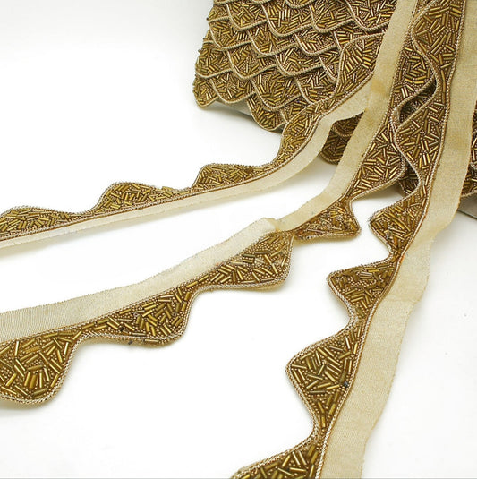 GOLD  WAVE EDGING BUGLE BEADED FABRIC TRIM - sarahi.NYC