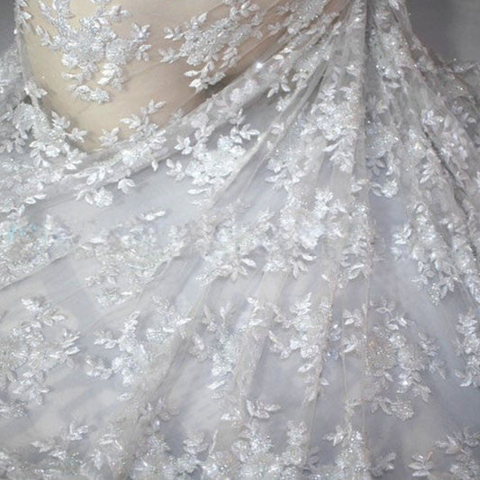 WHITE BEADED LACE WEDDING  FABRIC - sarahi.NYC