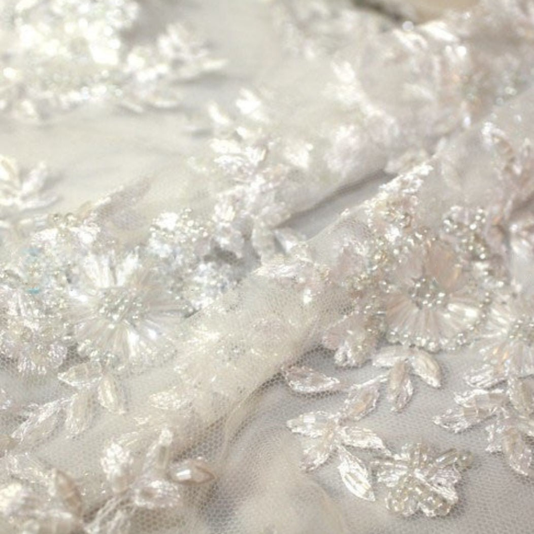 WHITE BEADED LACE WEDDING  FABRIC - sarahi.NYC