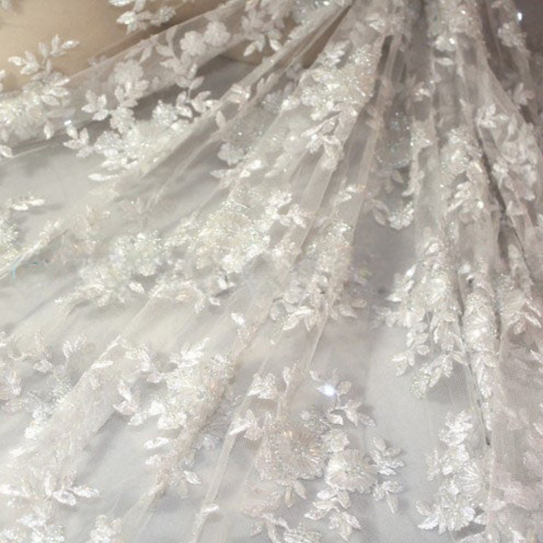 WHITE BEADED LACE WEDDING  FABRIC - sarahi.NYC