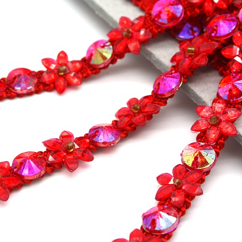 RED FLORAL RHINESTONE TRIM - sarahi.NYC