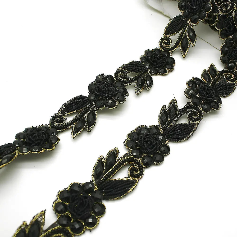 Black Gold Rhinestone Floral Trim - Sarahi.nyc Trims