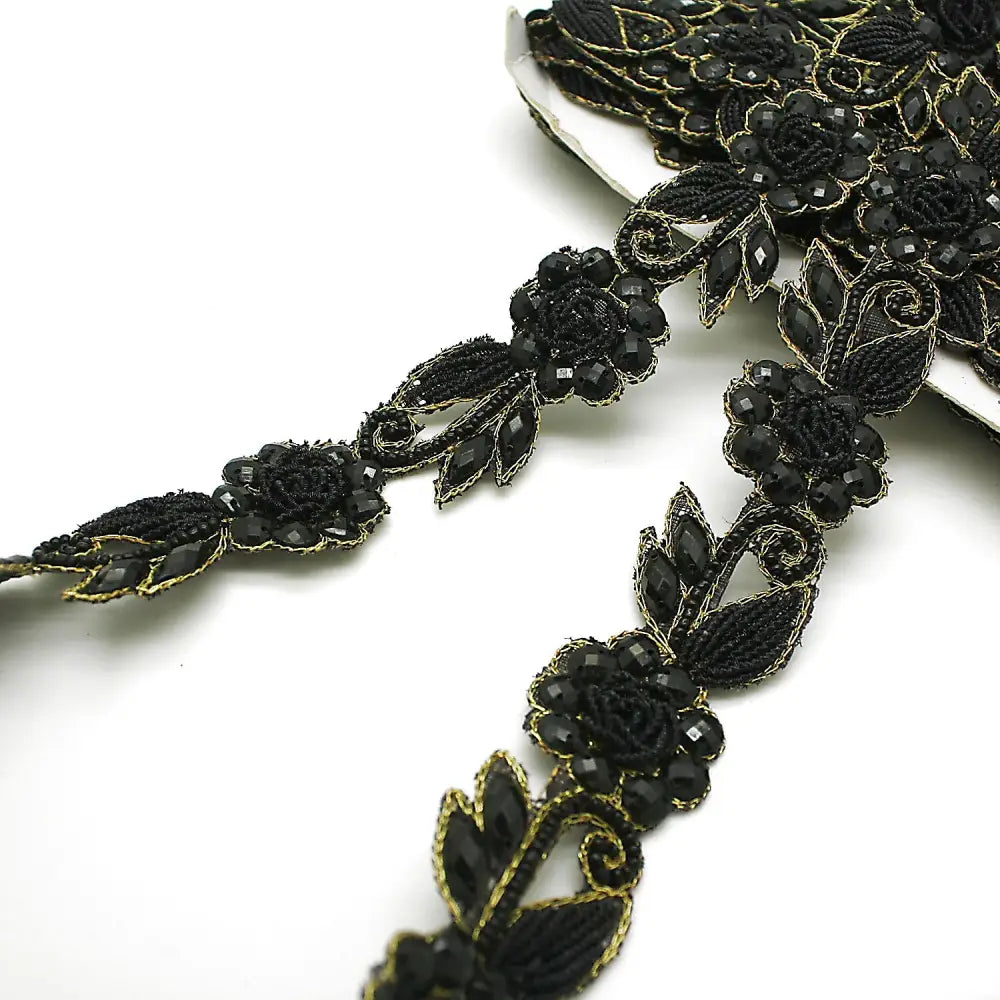 Black Gold Rhinestone Floral Trim - Sarahi.nyc Trims