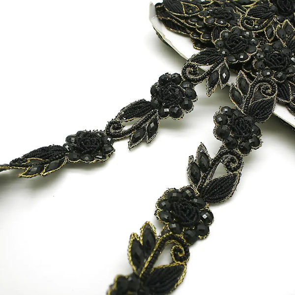 Black Gold Rhinestone Floral Trim - Sarahi.nyc Trims