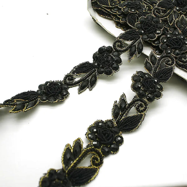 Black Gold Rhinestone Floral Trim - Sarahi.nyc Trims
