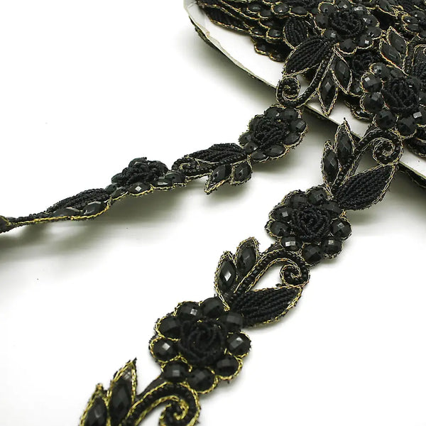 Black Gold Rhinestone Floral Trim - Sarahi.nyc Trims