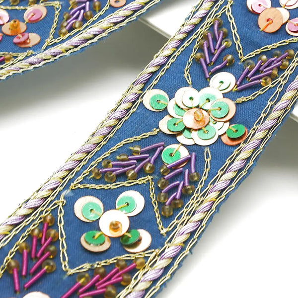 Blue Ethnic Embroidered Sequin Trim - Sarahi.nyc Fabric Trims