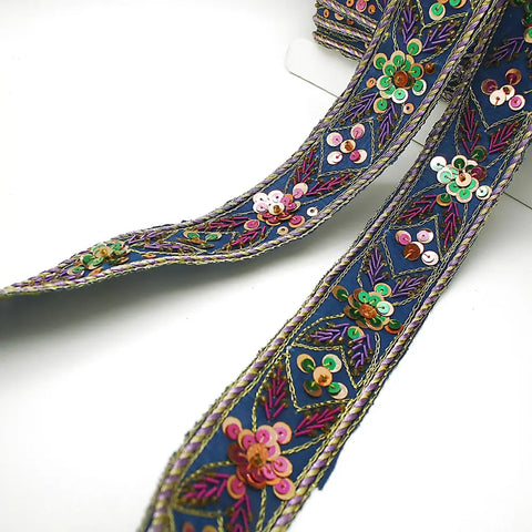 Blue Ethnic Embroidered Sequin Trim - Sarahi.nyc Fabric Trims