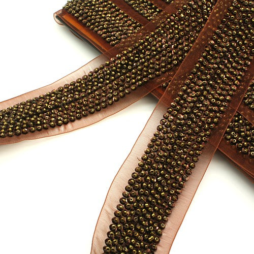 BROWN BEADED ORGANZA RIBBON  TRIM - sarahi.NYC