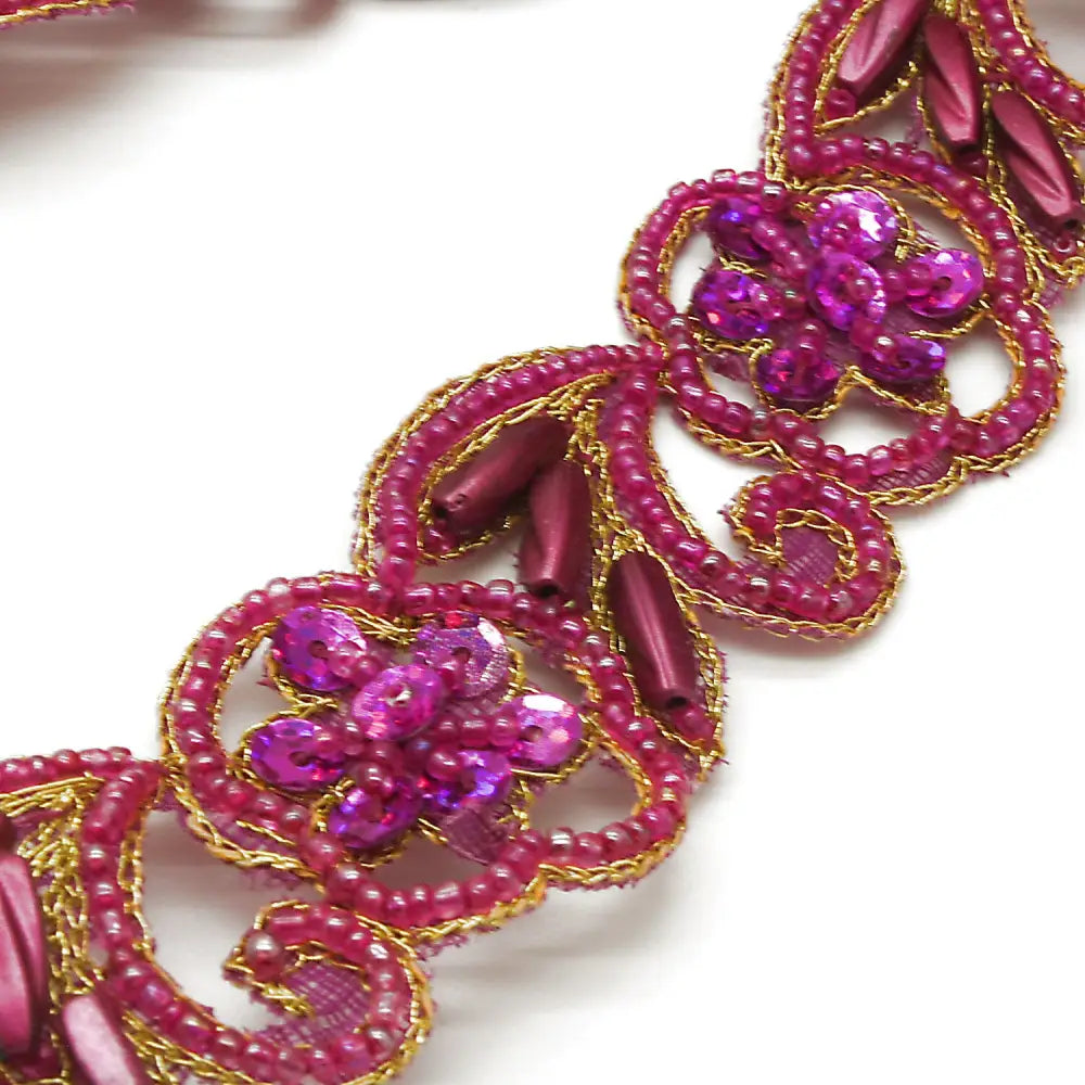Cerise Pink Flower Beaded Sequin Trim - Sarahi.nyc Fabric Trims