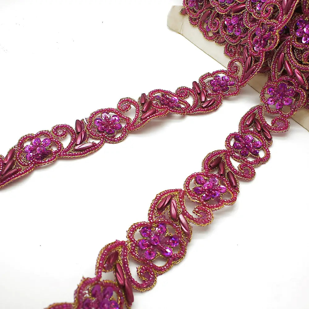 Cerise Pink Flower Beaded Sequin Trim - Sarahi.nyc Fabric Trims