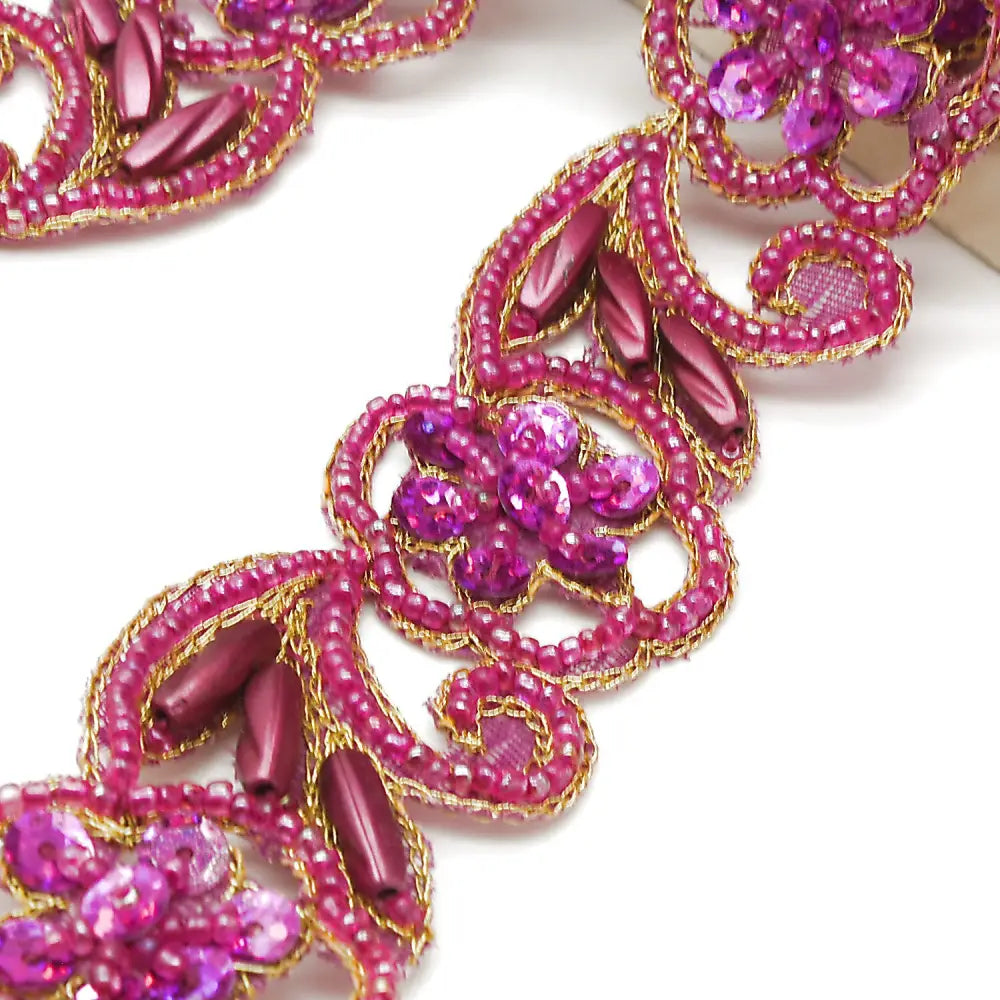 Cerise Pink Flower Beaded Sequin Trim - Sarahi.nyc Fabric Trims