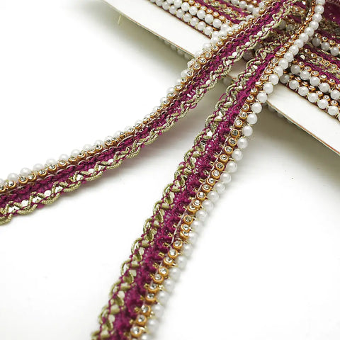 Cerise Pink Pearl Crystal Edging Trim - Sarahi.nyc Faux Trims