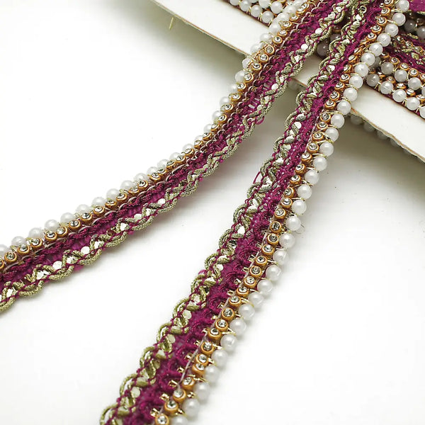 Cerise Pink Pearl Crystal Edging Trim - Sarahi.nyc Faux Trims