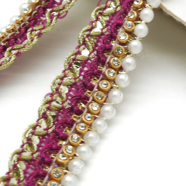 Cerise Pink Pearl Crystal Edging Trim - Sarahi.nyc Faux Trims