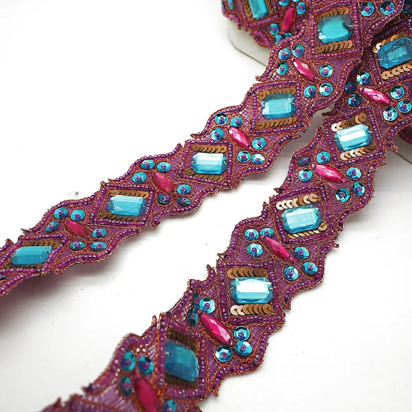 Cerise Pink Turquoise Rhinestone Trim - Sarahi.nyc Trims