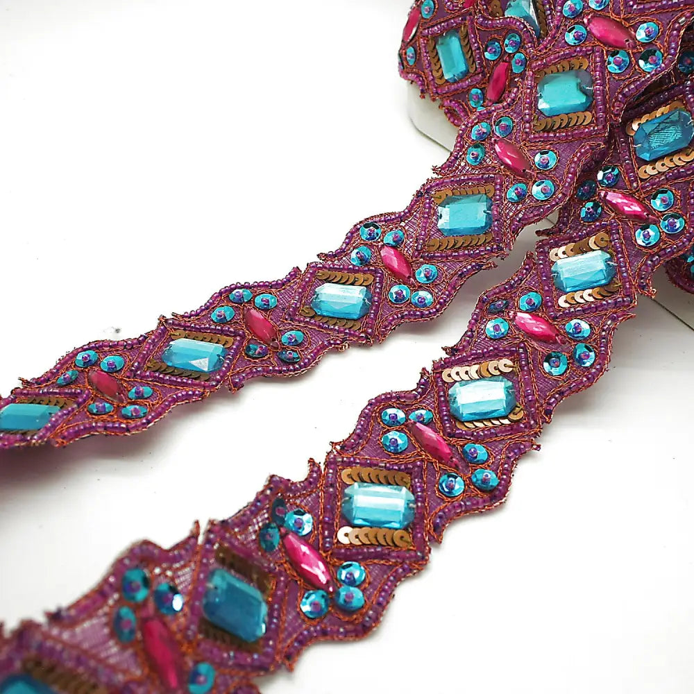 Cerise Pink Turquoise Rhinestone Trim - Sarahi.nyc Trims