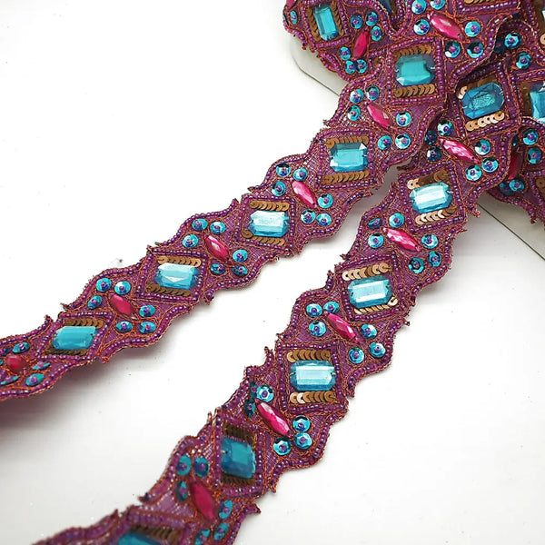 Cerise Pink Turquoise Rhinestone Trim - Sarahi.nyc Trims