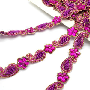 HOT PINK CERISE  BEADED  FLORAL TRIM - sarahi.NYC