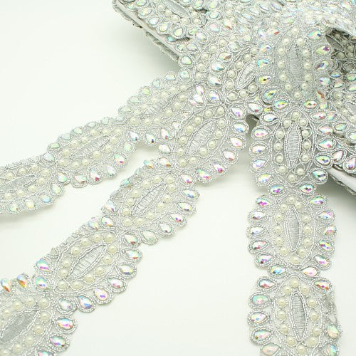 Silver iridescent rhinestone fabric trim - sarahi.NYC