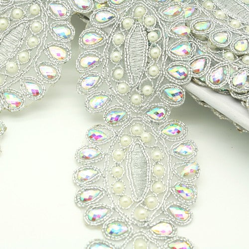 Silver iridescent rhinestone fabric trim - sarahi.NYC
