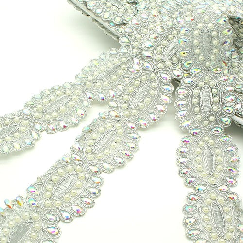 Silver iridescent rhinestone fabric trim - sarahi.NYC