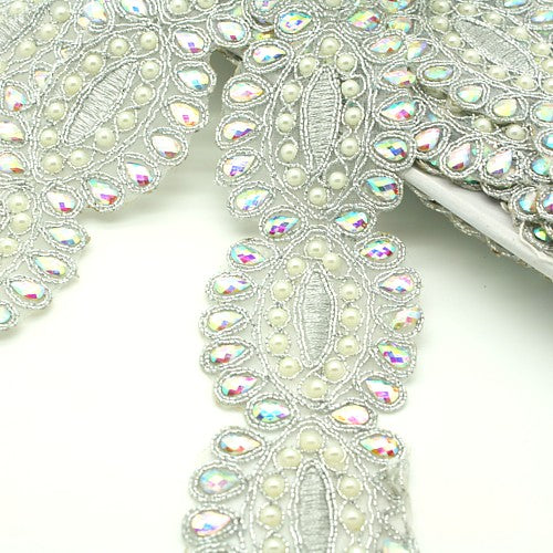 Silver iridescent rhinestone fabric trim - sarahi.NYC