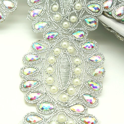 Silver iridescent rhinestone fabric trim - sarahi.NYC
