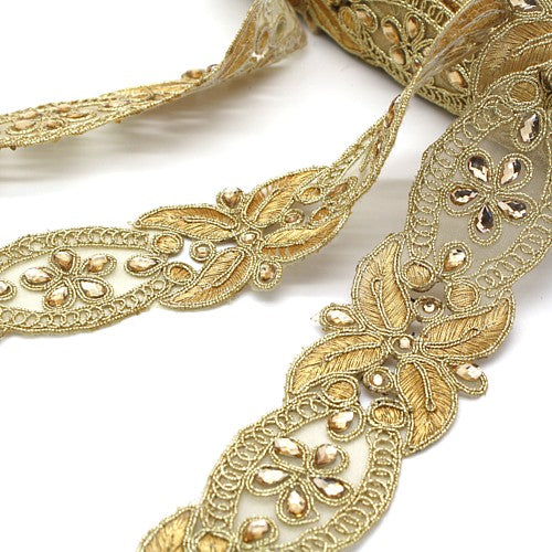 GOLD EMBROIDERY RHINESTONE FABRIC TRIM - sarahi.NYC