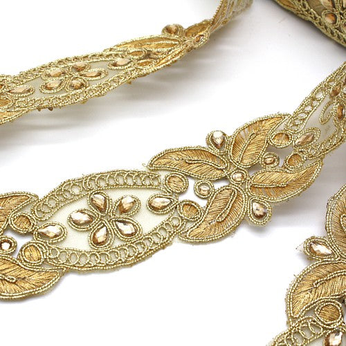 GOLD EMBROIDERY RHINESTONE FABRIC TRIM - sarahi.NYC