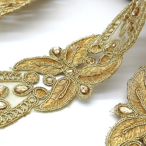 GOLD EMBROIDERY RHINESTONE FABRIC TRIM - sarahi.NYC