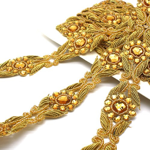 GOLD FLORAL BEADED RHINESTONE TRIM - sarahi.NYC
