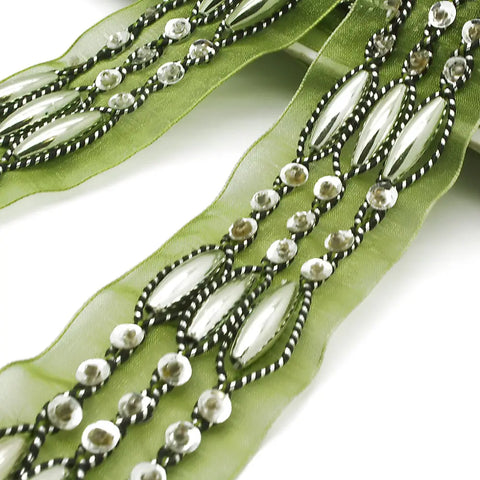 Green Ribbon Beaded Trim - Sarahi.nyc Fabric Trims