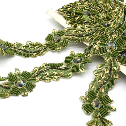 OLIVE GREEN FLORAL RHINESTONE SEQUIN TRIM - sarahi.NYC