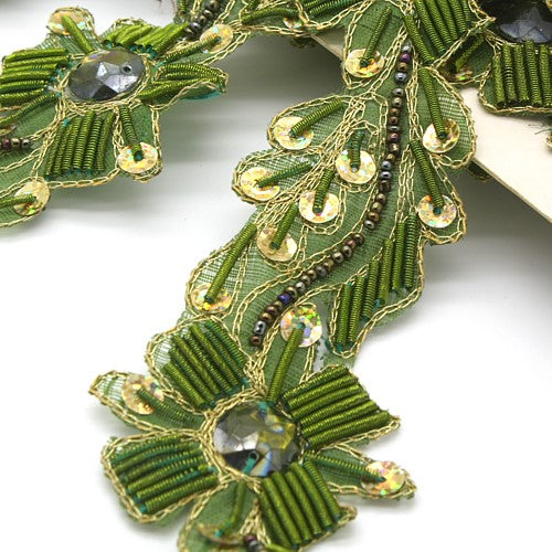 OLIVE GREEN FLORAL RHINESTONE SEQUIN TRIM - sarahi.NYC