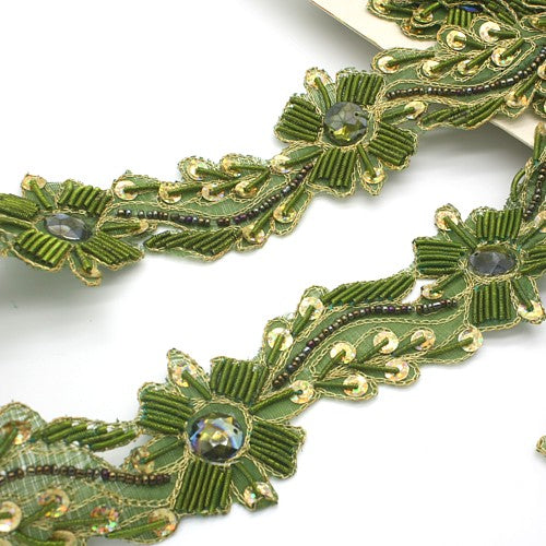 OLIVE GREEN FLORAL RHINESTONE SEQUIN TRIM - sarahi.NYC