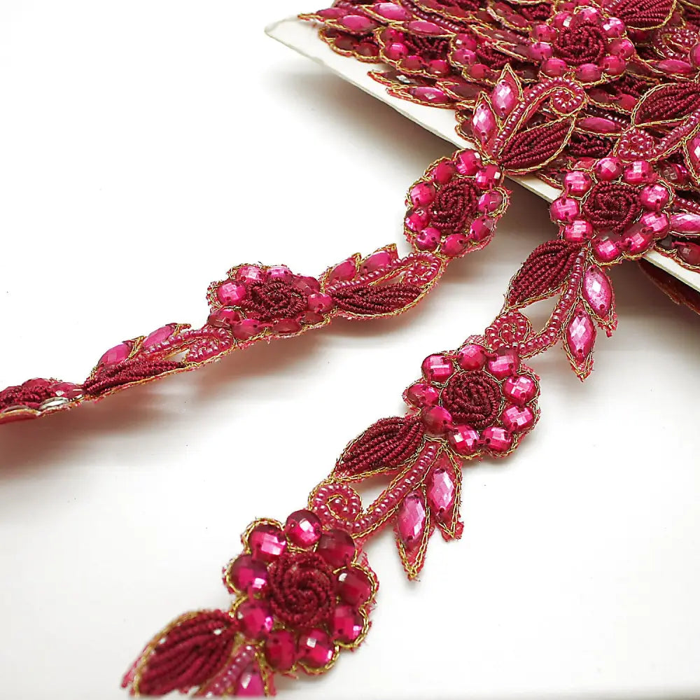 Hot Pink Rhinestone Floral Trim - Sarahi.nyc Trims