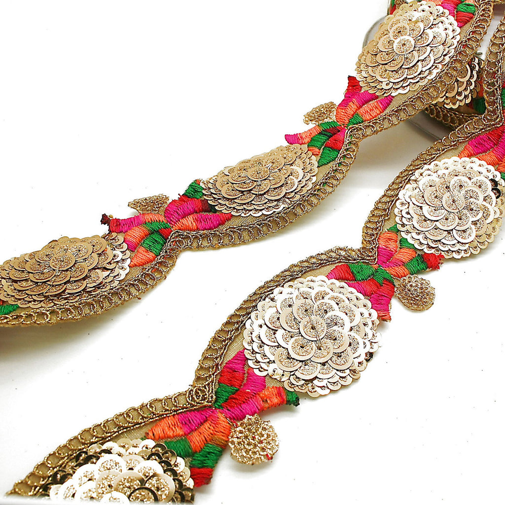 PINK GREEN EMBROIDERED SEQUIN TRIM - sarahi.NYC