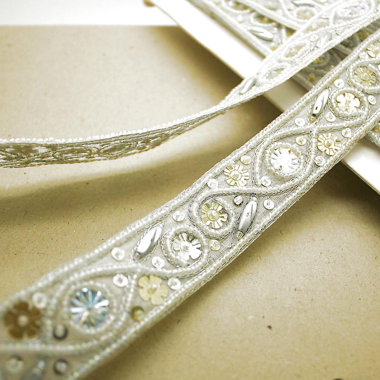 WHITE BEADED SEQUIN TRIM - sarahi.NYC