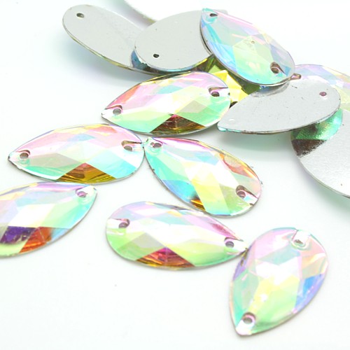 PACK OF 10 - TEARDROP 28 mm FLAT BACK IRIDESCENT RHINESTONE GEMS - sarahi.NYC